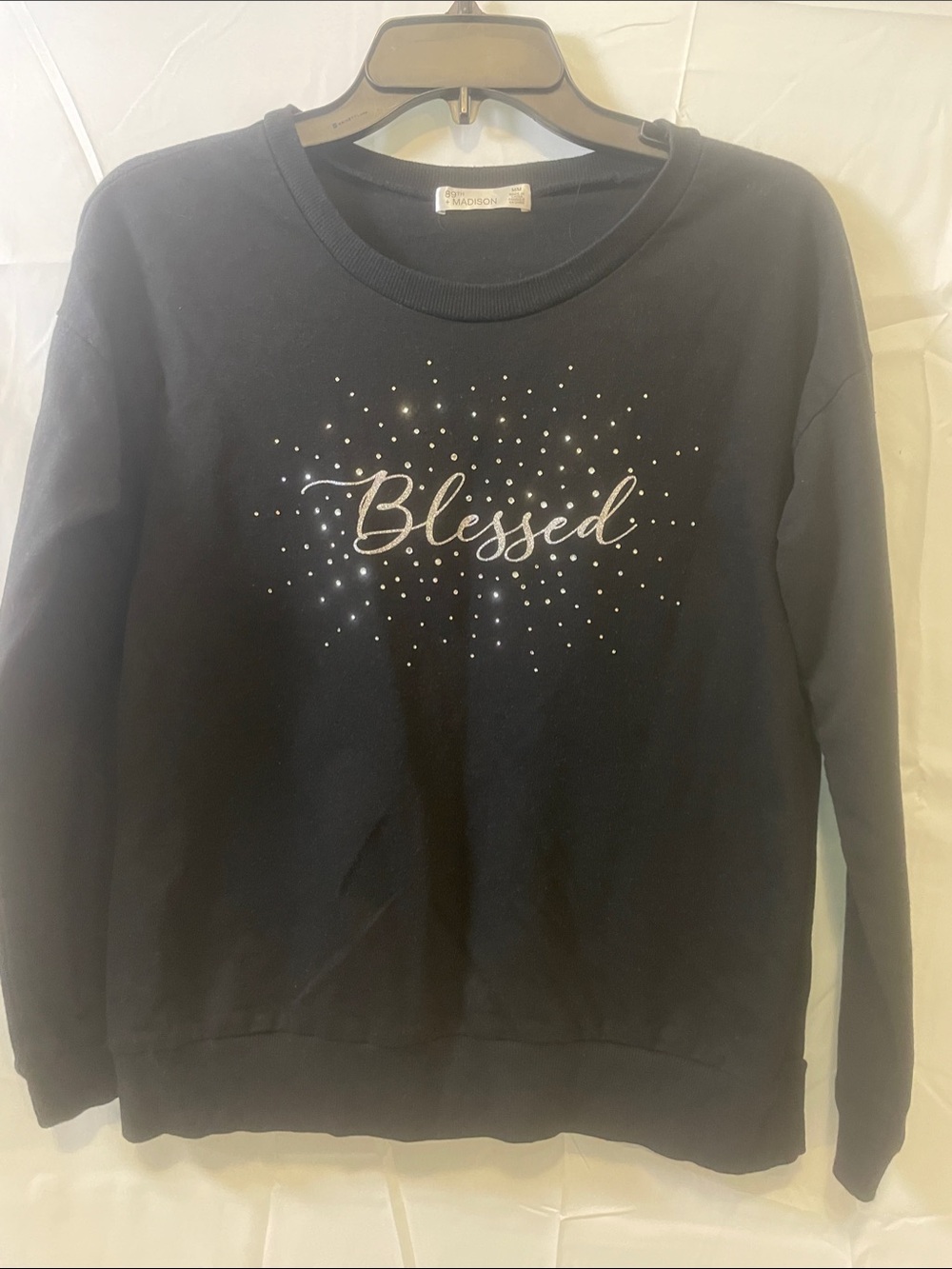 89th + Madison Black Crewneck Sweatshirt with 'Blessed' w/rhinestone accents